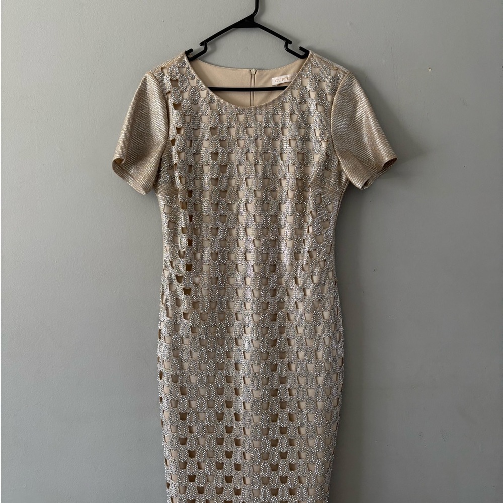 Elegant Metallic Tan Midi Dress
